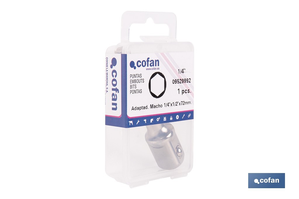 Adaptador de portavasos 1/2" para vasos de 1/4" | Longitud: 72 mm | Fabricado en acero cromo vanadio - Cofan