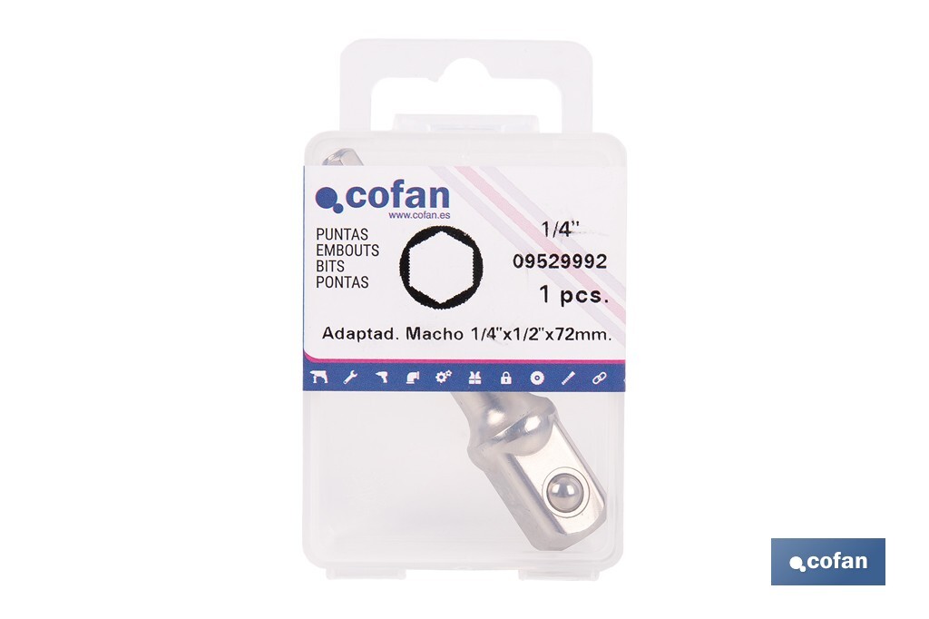 Adaptador de portavasos 1/2" para vasos de 1/4" | Longitud: 72 mm | Fabricado en acero cromo vanadio - Cofan