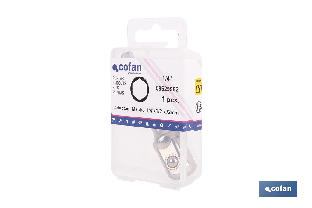 Adaptador de portavasos 1/2" para vasos de 1/4" | Longitud: 72 mm | Fabricado en acero cromo vanadio - Cofan