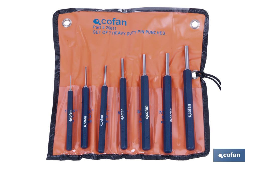 Set of 7 cylindrical pin punches | Chrome-vanadium hardened steel | Set size from 1.5mm to 6mm - Cofan