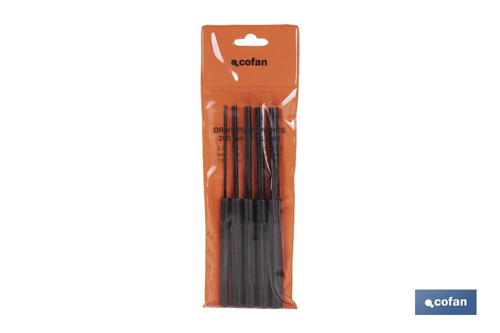 Set de 5 botadores cilíndricos | Diámetros: 3 - 10 mm | Fabricados en acero cromo vanadio templado | Uso Profesional e Industrial - Cofan