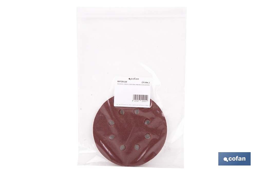 Discos de lija para lijadora Orbital | Pack de 5 hojas de lija redondas | Material: óxido de aluminio | Disponibles en diferentes granos - Cofan
