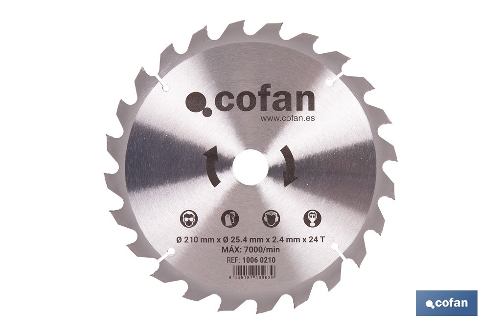 Hoja de sierra circular para madera Ø210 mm con 24 dientes | Disco de corte compatible con sierras ingletadoras | Cortes limpios y precisos en madera, plástico y metal blando - Cofan