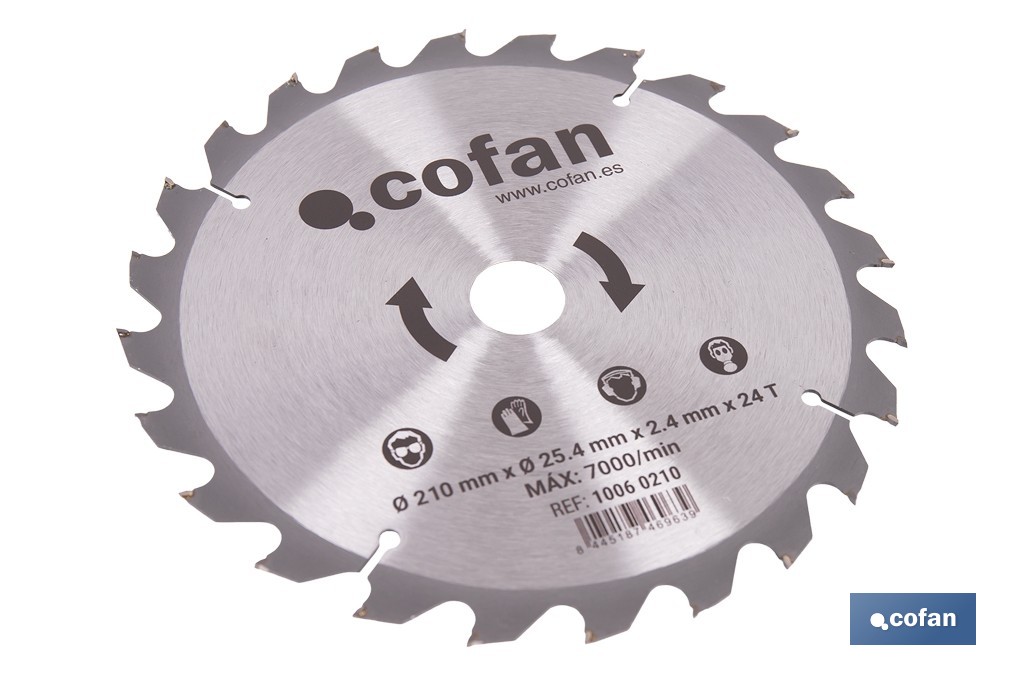 Hoja de sierra circular para madera Ø210 mm con 24 dientes | Disco de corte compatible con sierras ingletadoras | Cortes limpios y precisos en madera, plástico y metal blando - Cofan