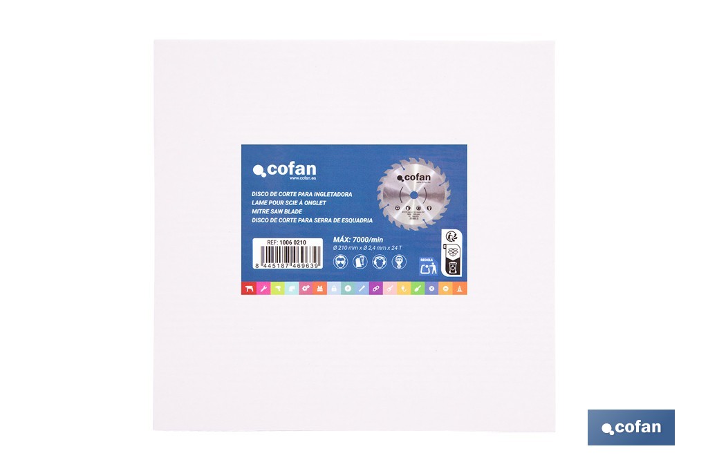 Hoja de sierra circular para madera Ø210 mm con 24 dientes | Disco de corte compatible con sierras ingletadoras | Cortes limpios y precisos en madera, plástico y metal blando - Cofan