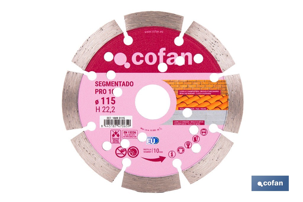 Disco de corte segmentado ventilado | Para ladrillo y hormigón | Corte en seco | Disponible en diferentes medidas - Cofan