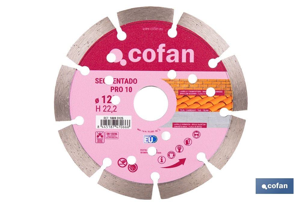 Disco de corte segmentado ventilado | Para ladrillo y hormigón | Corte en seco | Disponible en diferentes medidas - Cofan