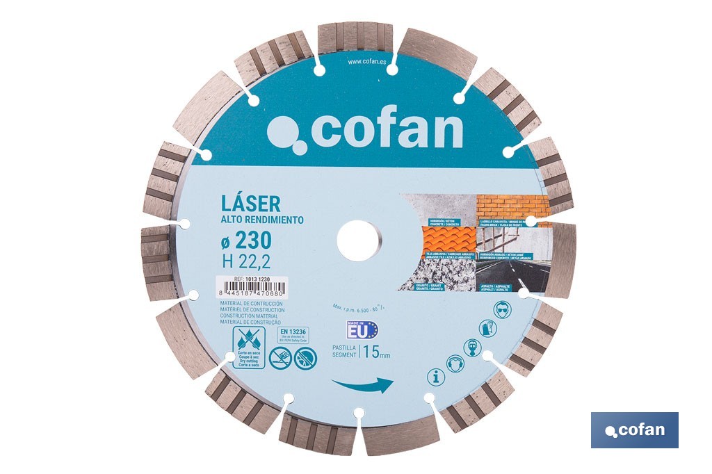 Disco de diamante de alto rendimiento Ø230 mm | Corte en seco en hormigón, asfalto, granito | Espesor de 3 mm y segmento de 15 mm - Cofan