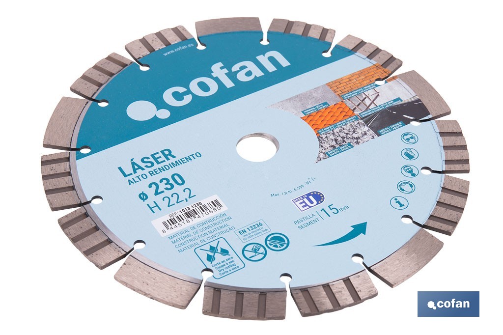Disco de diamante de alto rendimiento Ø230 mm | Corte en seco en hormigón, asfalto, granito | Espesor de 3 mm y segmento de 15 mm - Cofan