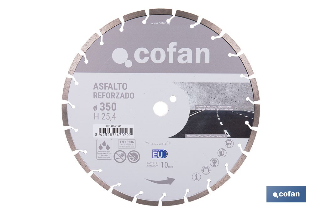 Disco de diamante reforzado soldado por láser | Corte húmedo en asfalto y hormigón abrasivo | Disponible en diferentes medidas - Cofan