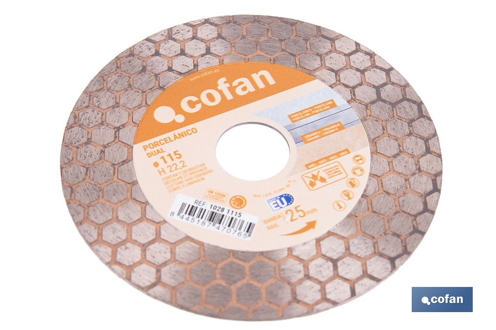 Disco porcelánico para corte, lijado y desbaste | Corte en seco de cerámica, porcelánico y gres | Disponible en diferentes medidas - Cofan
