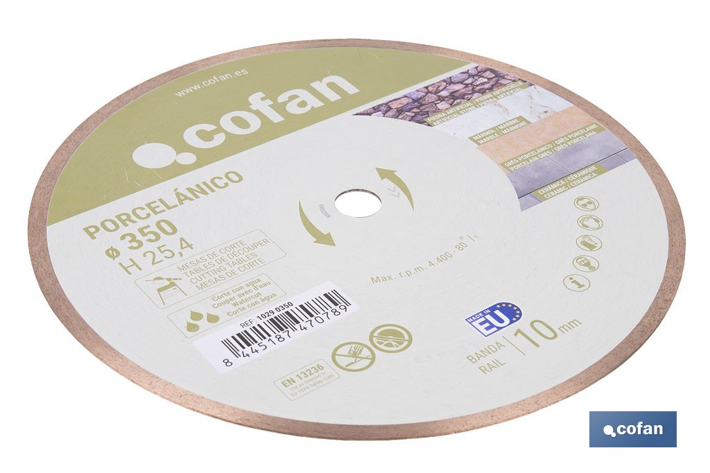 Disco porcelánico para máquinas de mesa Ø350 mm | Corte húmedo en cerámica, gres porcelánico y mármol - Cofan