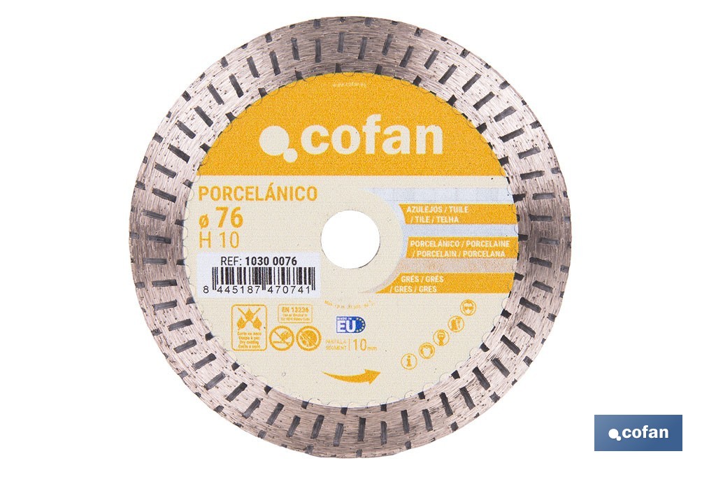 Disco de diamante porcelánico Ø76 mm | Corte en seco de gres, cerámica y azulejos | Compatible con mini amoladora Cofan - Cofan