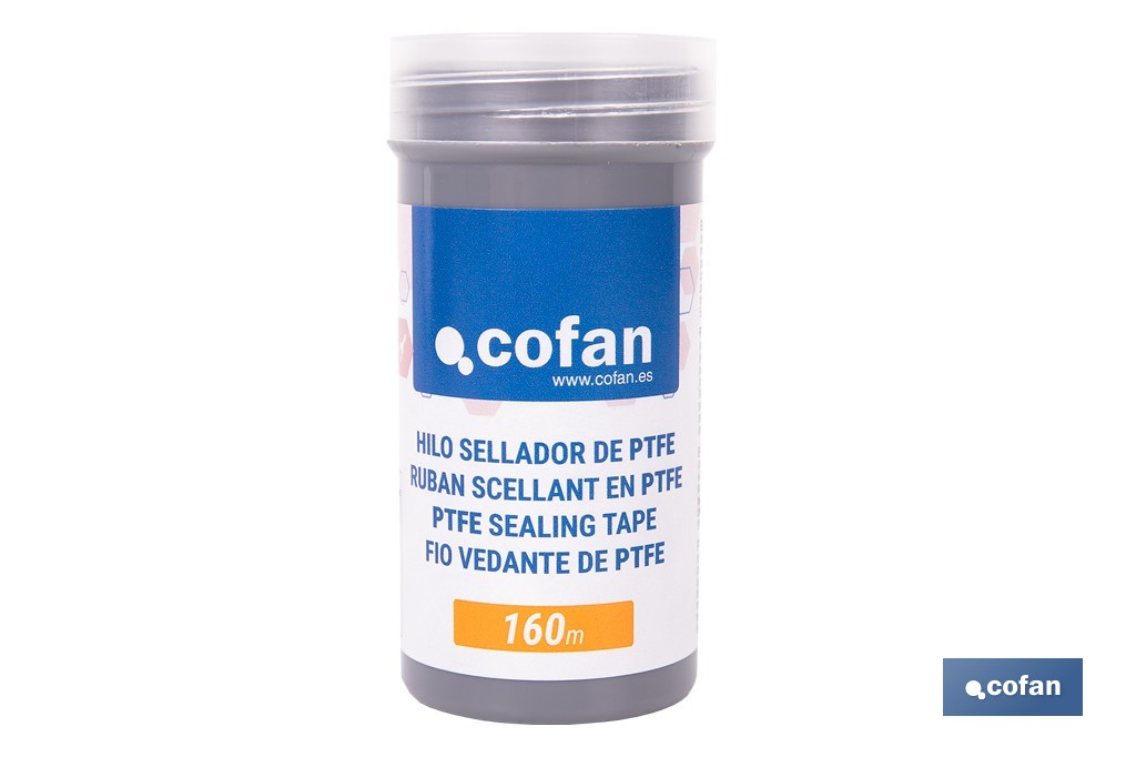 Hilo sellador de PTFE | Adecuado para roscas plásticas y metálicas de agua y gas | Bote con cortador | Longitud de 160 m - Cofan