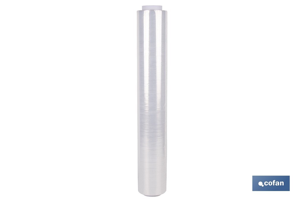 Film estirable transparente y manual de 23 micras | Medidas: 121 m x 53 cm | Extra ligero con mandril de 100 g | Alta resistencia - Cofan