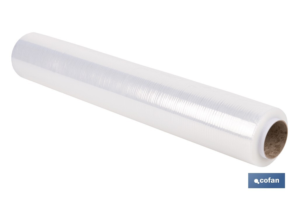 Film estirable transparente y manual de 23 micras | Medidas: 121 m x 53 cm | Extra ligero con mandril de 100 g | Alta resistencia - Cofan