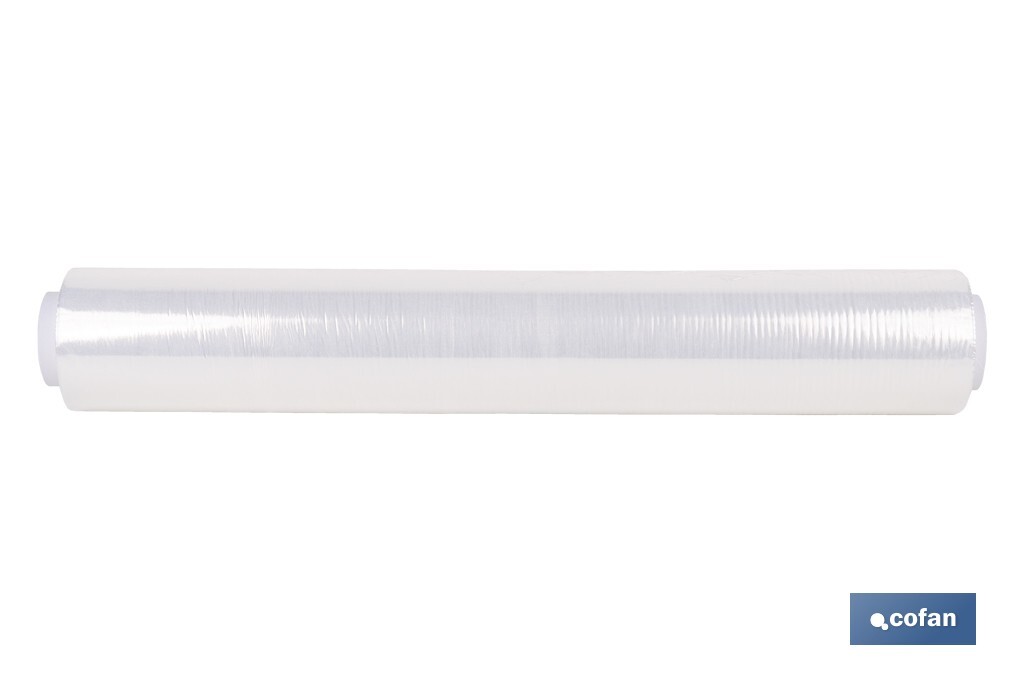 Film estirable transparente y manual de 23 micras | Medidas: 121 m x 53 cm | Extra ligero con mandril de 100 g | Alta resistencia - Cofan