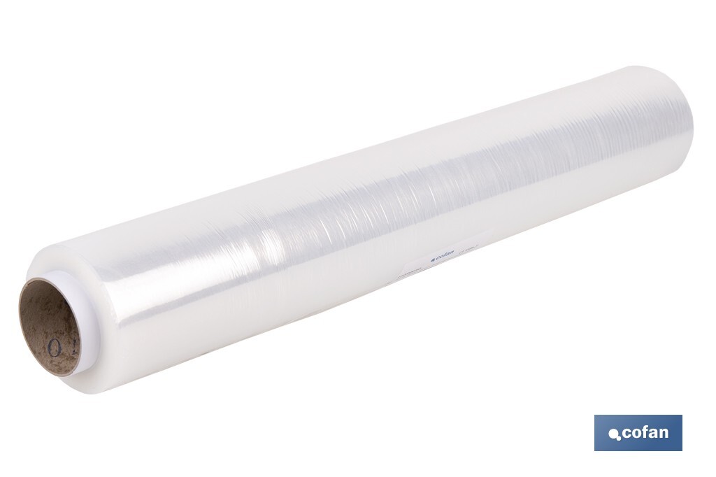 Film estirable transparente y manual de 23 micras | Medidas: 121 m x 53 cm | Extra ligero con mandril de 100 g | Alta resistencia - Cofan