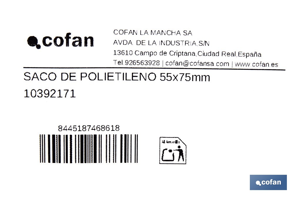 Saco de polietileno blanco impermeable | Galga 300 | Grosor: 75 micras | Medidas: 55 x 75 cm - Cofan