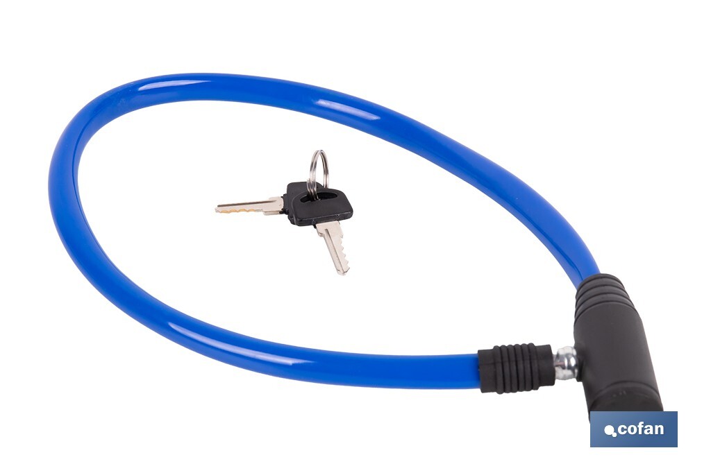 Candado antirrobo para bicicletas | Cable de acero de Ø5 mm | Longitud: 50 cm | Incluye 2 llaves | Revestimiento de PVC azul - Cofan
