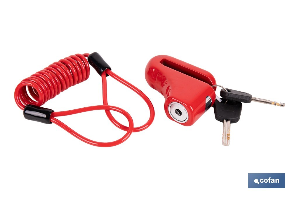 Candado de freno de disco | Cable rojo de 1 metro | Ideal para bicicleta, moto o patinete | Incluye 2 llaves tubulares | Cuerpo de aleación | Medidas: 7,5 x 2,5 x 5,8 cm - Cofan