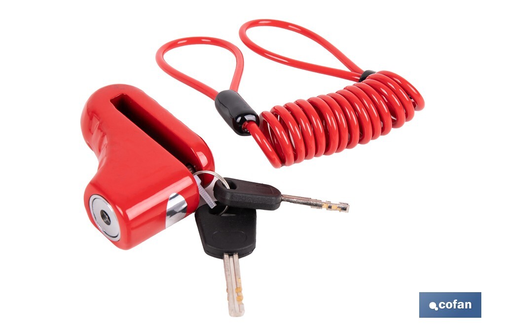 Candado de freno de disco | Cable rojo de 1 metro | Ideal para bicicleta, moto o patinete | Incluye 2 llaves tubulares | Cuerpo de aleación | Medidas: 7,5 x 2,5 x 5,8 cm - Cofan
