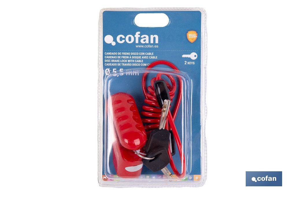 Candado de freno de disco | Cable rojo de 1 metro | Ideal para bicicleta, moto o patinete | Incluye 2 llaves tubulares | Cuerpo de aleación | Medidas: 7,5 x 2,5 x 5,8 cm - Cofan