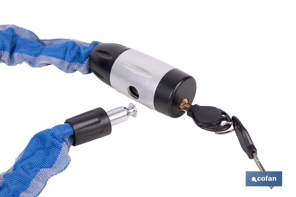 Candado de cadena de acero cementado | Cadena de Ø6 mm y longitud de 90 cm | Funda de nylon azul | Incluye 2 llaves de seguridad - Cofan