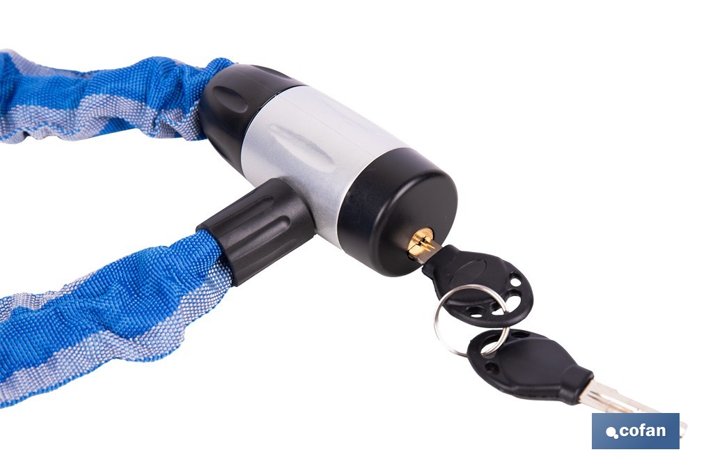 Candado de cadena de acero cementado | Cadena de Ø6 mm y longitud de 90 cm | Funda de nylon azul | Incluye 2 llaves de seguridad - Cofan