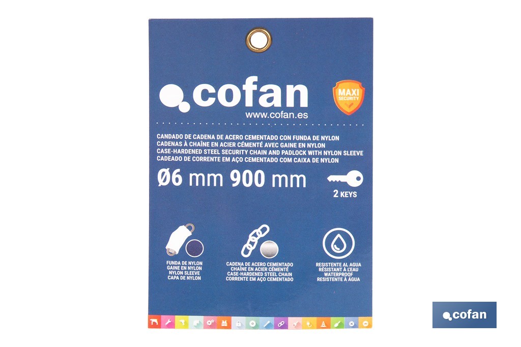 Candado de cadena de acero cementado | Cadena de Ø6 mm y longitud de 90 cm | Funda de nylon azul | Incluye 2 llaves de seguridad - Cofan