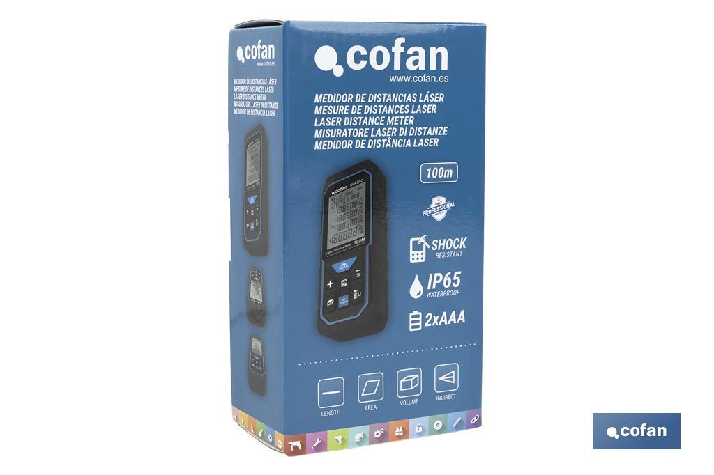 Laser distance meter with 6 functions | Capable of measuring different distances: 50 and 100m | 2 AAA batteries included - Cofan