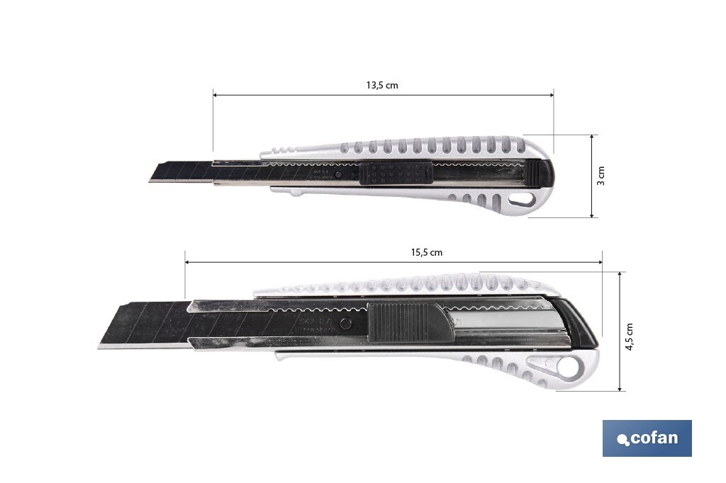 Cúter profesional de aluminio | Hoja negra SK2 | Sistema de bloqueo automático | Zona antideslizante | Disponible en 2 medidas - Cofan