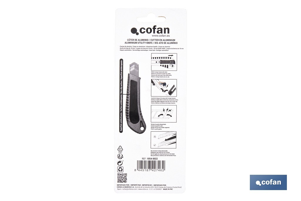 Cúter profesional de aluminio | Hoja negra SK2 | Sistema de bloqueo automático | Zona antideslizante | Disponible en 2 medidas - Cofan