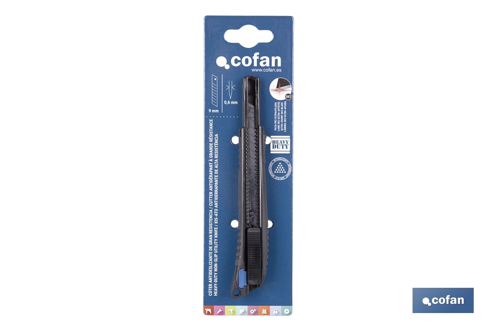 Cúter profesional de ABS | Con recubrimiento antideslizante TPR | Hoja negra ultra afilada SK2 | Bloqueo automático | Disponible en 3 medidas - Cofan