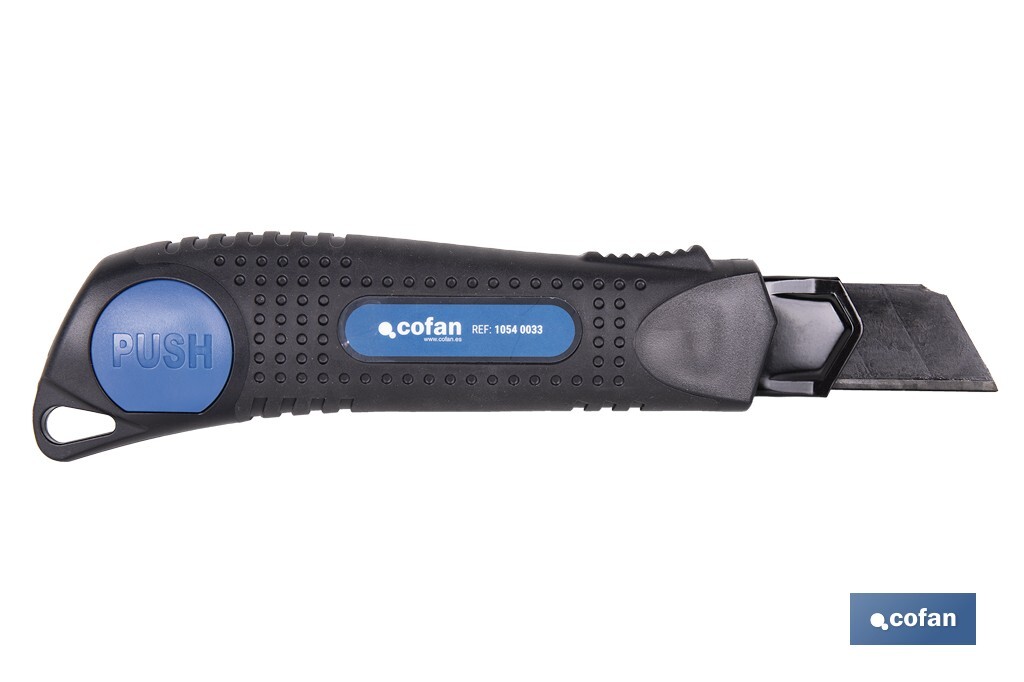 Cúter profesional de ABS | Con recubrimiento antideslizante TPR | Hoja negra ultra afilada SK2 | Bloqueo automático | Disponible en 3 medidas - Cofan