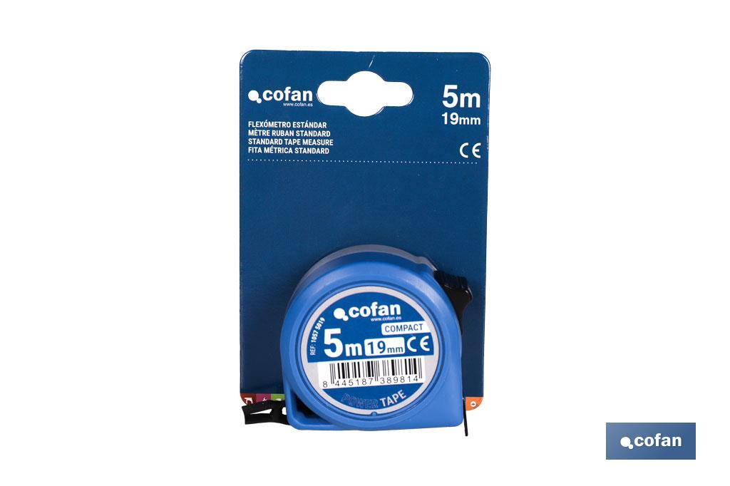 Flexómetro estándar | Carcasa resistente de ABS | Botón de bloqueo | Gancho no magnético | Funda antichoque | Disponible con cinta de 3, 5 y 8 metros de longitud - Cofan
