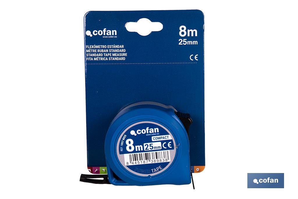 Flexómetro estándar | Carcasa resistente de ABS | Botón de bloqueo | Gancho no magnético | Funda antichoque | Disponible con cinta de 3, 5 y 8 metros de longitud - Cofan