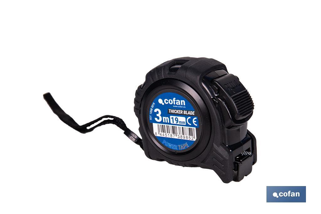 Flexómetro de hoja negra con impresión a doble cara | Carcasa de ABS | Funda antichoque | Botón de bloqueo automático | Disponible con cinta de 3, 5 y 8 metros de longitud - Cofan