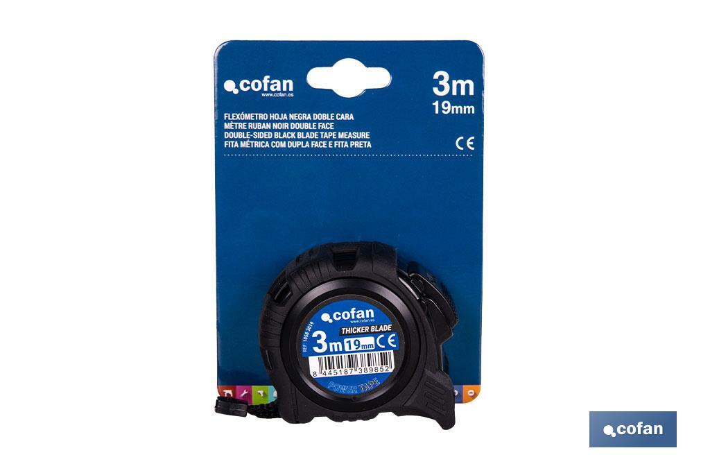 Flexómetro de hoja negra con impresión a doble cara | Carcasa de ABS | Funda antichoque | Botón de bloqueo automático | Disponible con cinta de 3, 5 y 8 metros de longitud - Cofan