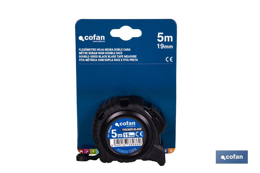 Flexómetro de hoja negra con impresión a doble cara | Carcasa de ABS | Funda antichoque | Botón de bloqueo automático | Disponible con cinta de 3, 5 y 8 metros de longitud - Cofan