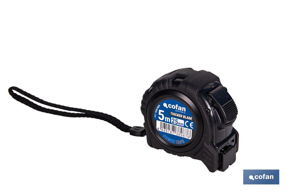 Flexómetro de hoja negra con impresión a doble cara | Carcasa de ABS | Funda antichoque | Botón de bloqueo automático | Disponible con cinta de 3, 5 y 8 metros de longitud - Cofan