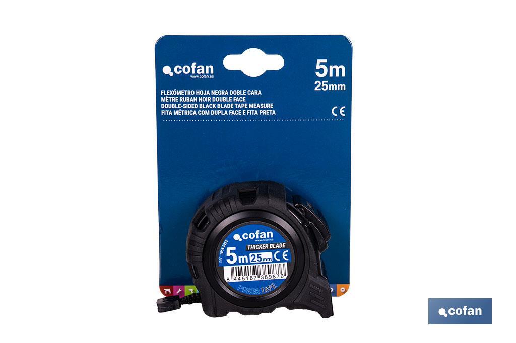 Flexómetro de hoja negra con impresión a doble cara | Carcasa de ABS | Funda antichoque | Botón de bloqueo automático | Disponible con cinta de 3, 5 y 8 metros de longitud - Cofan