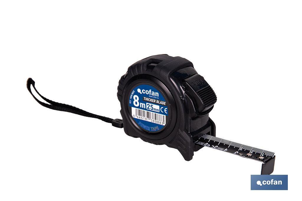 Flexómetro de hoja negra con impresión a doble cara | Carcasa de ABS | Funda antichoque | Botón de bloqueo automático | Disponible con cinta de 3, 5 y 8 metros de longitud - Cofan