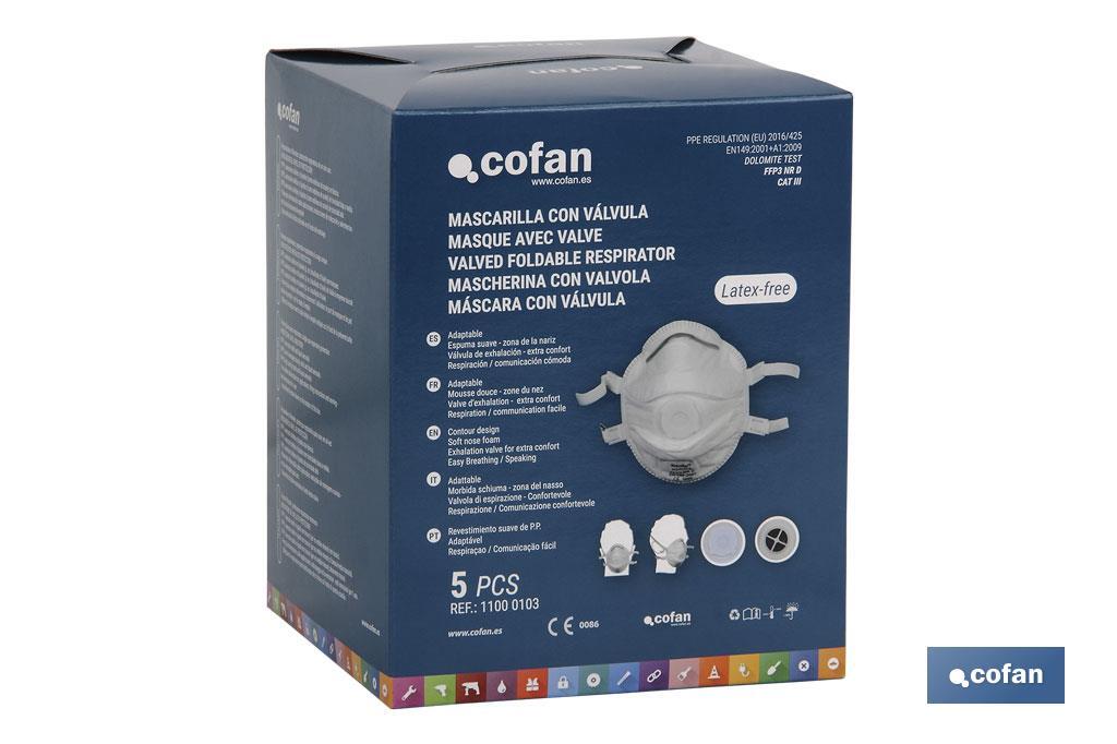 FFP3 (D) face mask | Disposable face mask | With exhalation valve | Filtering efficiency over 94% | Supplied in packs of 5 units - Cofan