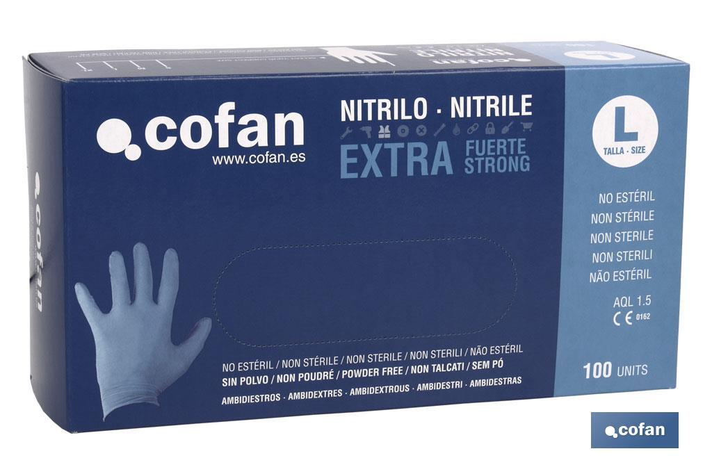 Boîte de 100 unités de gants en nitrile | Placement ambidextre | Non poudrés | Extra forts et résistants - Cofan