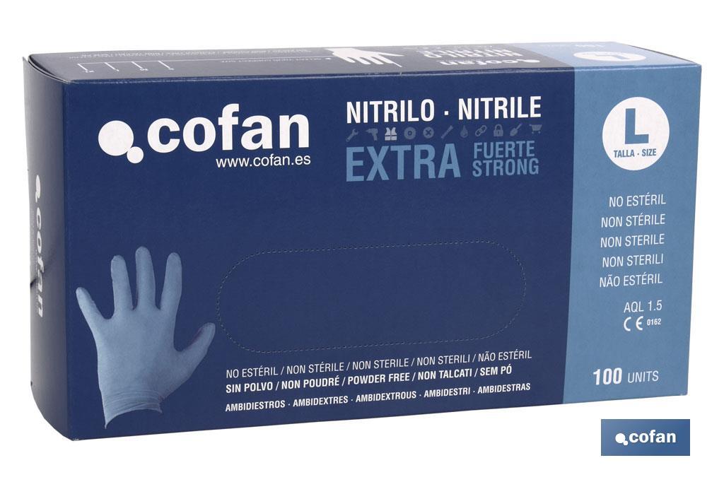 Caja de 100 unidades de guantes de nitrilo | Colocación ambidiestra | Sin polvo | Extrafuertes y resistentes - Cofan