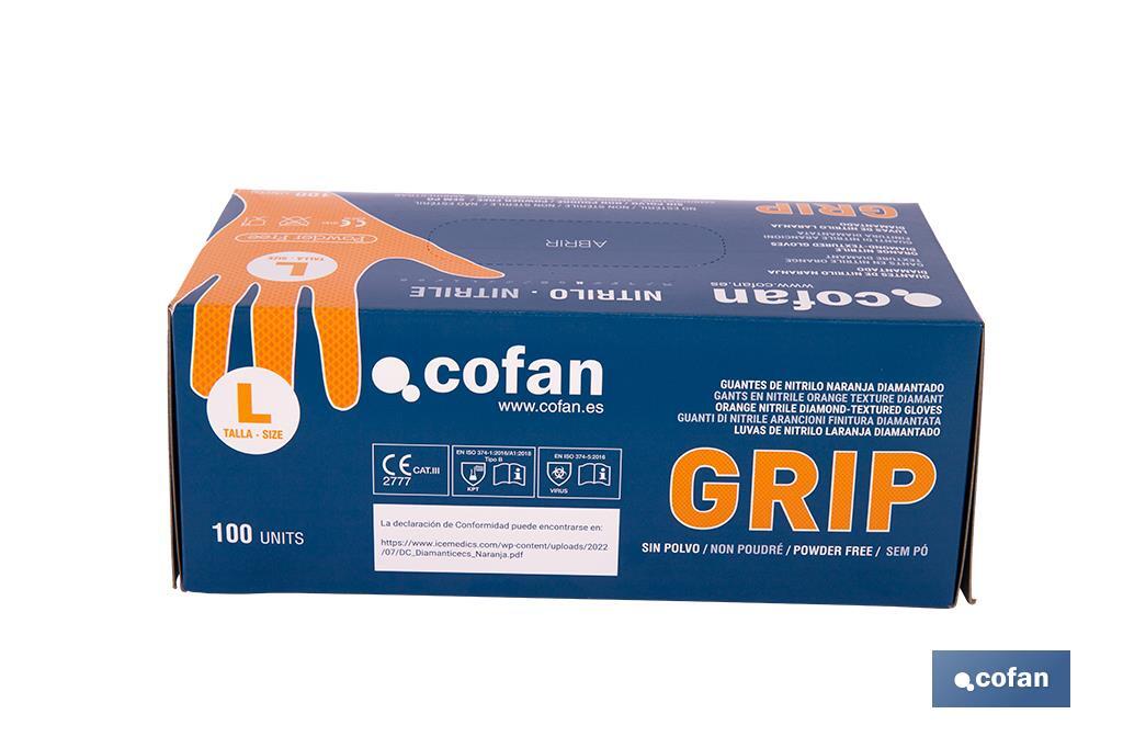 Caixa de 100 luvas de nitrilo com textura diamantada | Tamanho S até ao XL | Cor laranja - Cofan