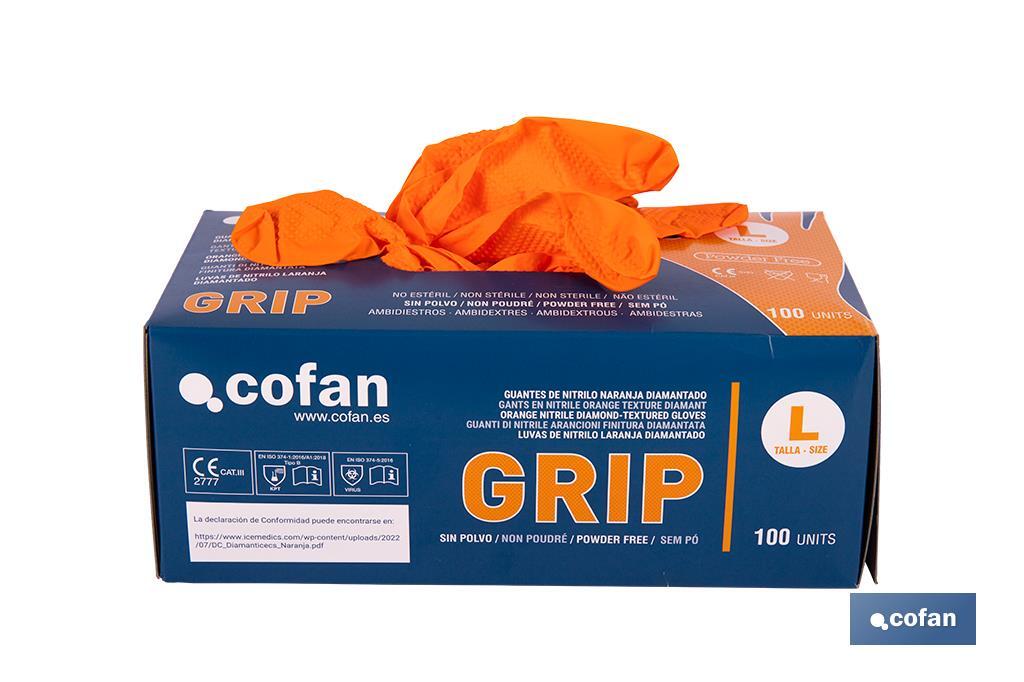 Caixa de 100 luvas de nitrilo com textura diamantada | Tamanho S até ao XL | Cor laranja - Cofan