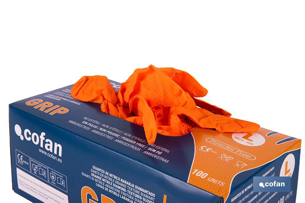 Caixa de 100 luvas de nitrilo com textura diamantada | Tamanho S até ao XL | Cor laranja - Cofan