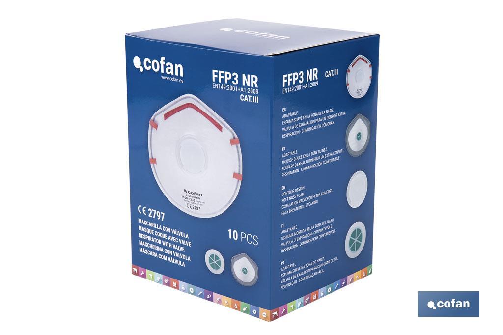 Masque FFP3 NR | Avec valve extra confort | Protection auto-filtrante | Pack de 10 unités - Cofan
